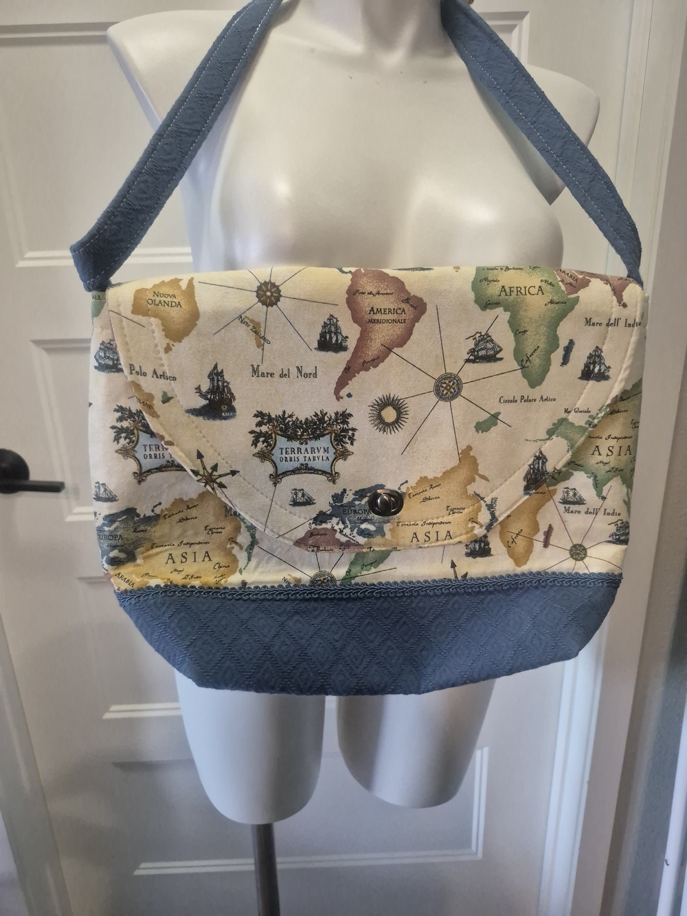Canvas Map-Print Tote Bag with Blue Accents